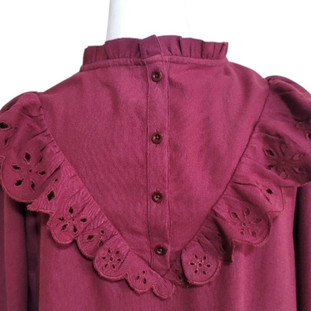 Madewell Embroidered Ruffled Flannel Mini Dress In Vintage Mulberry. Cottagecore - Picture 11 of 14